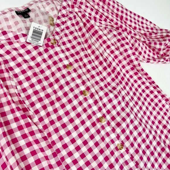 Torrid Blouse Womens 5X Gingham Button Up Long Sleeve Sweetheart Neck Top New - Picture 4 of 10